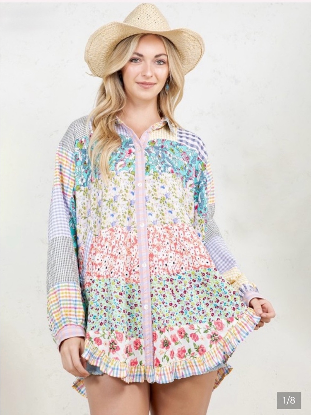 "The April" Oversized Spring Floral Ruffle Edge Top with Pockets size M